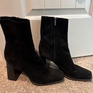 Sam Edelman Ivette Black Suede Side Zipper Squared Toe Block Heeled Ankle Boots